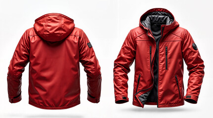 mockup front and back view of red leather jacket with a hood isolated white background