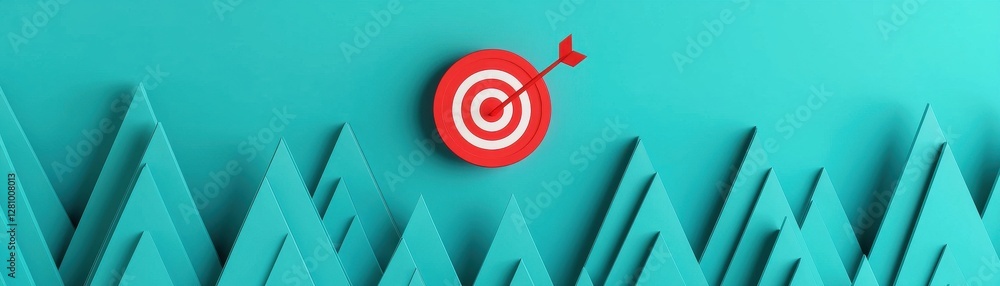 Aufkleber red dart hitting target on blue background with paper trees and creative design elements for marketi