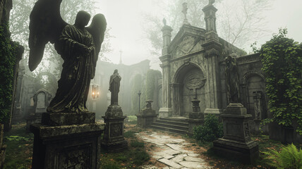 Obraz premium a cemetery with a statue of an angel in the middle