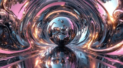 Holographic liquid tunnel with reflective metallic textures and floating spheres creating a futuristic abstract sci-fi environment