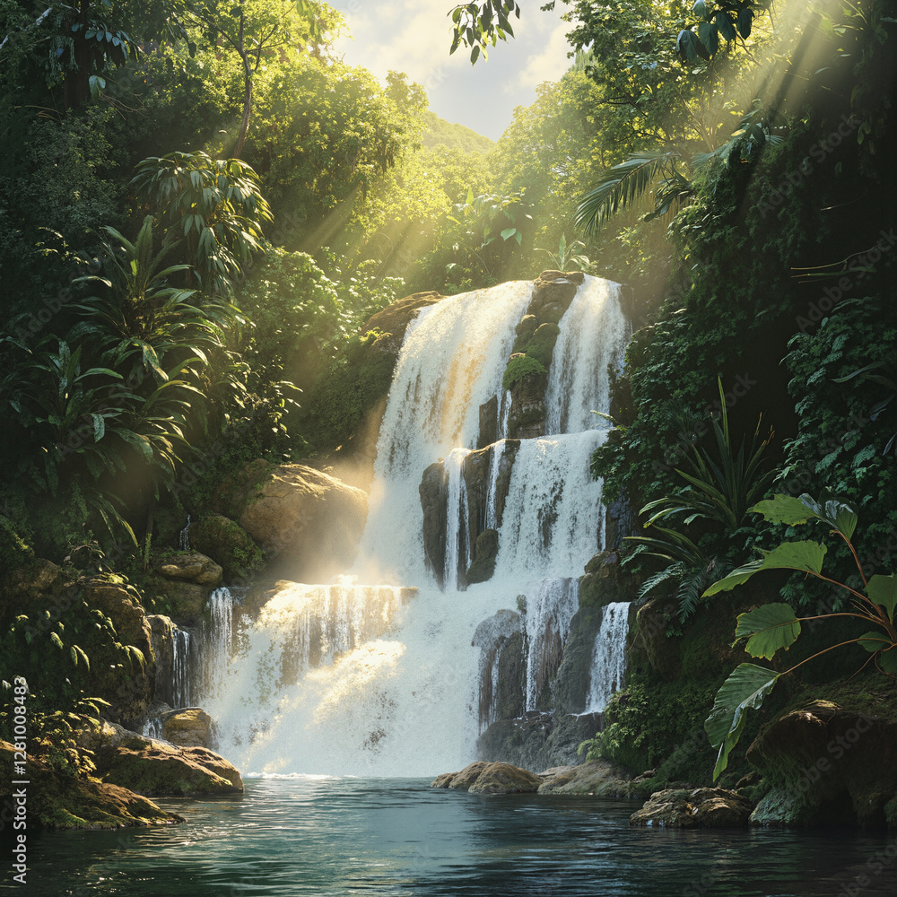 Poster a lush green forest with a waterfall cascading down the rocks in the middle. the trees are tall and 