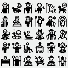  series of simple black-and-white clipart figures arranged in two rows, each with four distinct categories.
