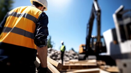 Fototapeta premium An engineer or construction worker is present at a construction site where an excavator is being used
