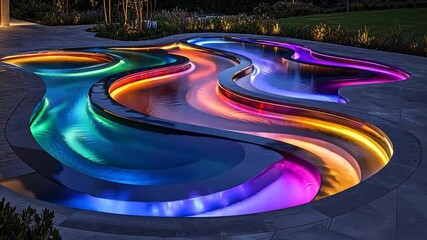 Illuminated water feature with flowing pools and vibrant LED lights at night.