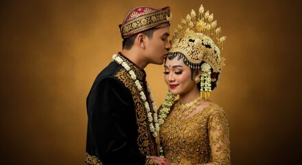 Fototapeta premium Romantic Javanese Couple in Traditional Wedding Attire Tender Kiss