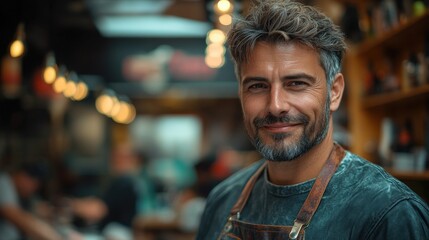 Obraz premium Smiling Man in Apron Stands at Busy Market During Evening Hours Generative AI