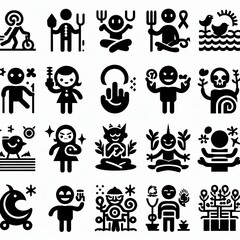  series of simple black-and-white clipart figures arranged in two rows, each with four distinct categories.
