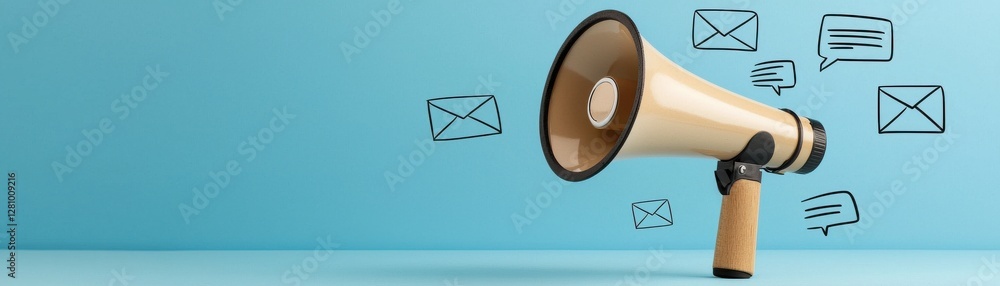 Poster megaphone on blue background representing communication and messaging with speech bubbles and envelo