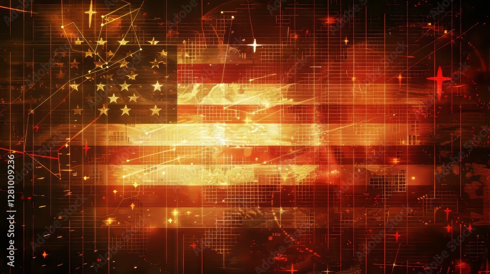 Poster us flag merged with financial graph in a tech inspired grunge design with grid pattern background