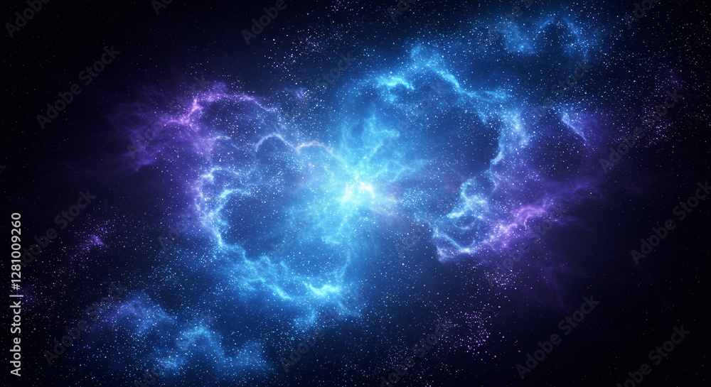 Poster cosmic nebula with bright blue and purple lightning effects in deep space. mysterious galaxy backgro