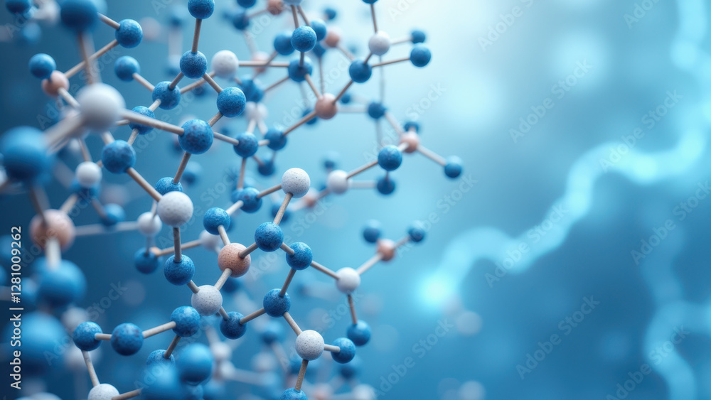 Poster a close-up molecular structure of semaglutide with a colorful background.