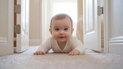 Fototapeta premium A joyful baby crawls on soft carpet, exploring the world beyond an open door. The warm light fills the room, inviting curiosity and wonder