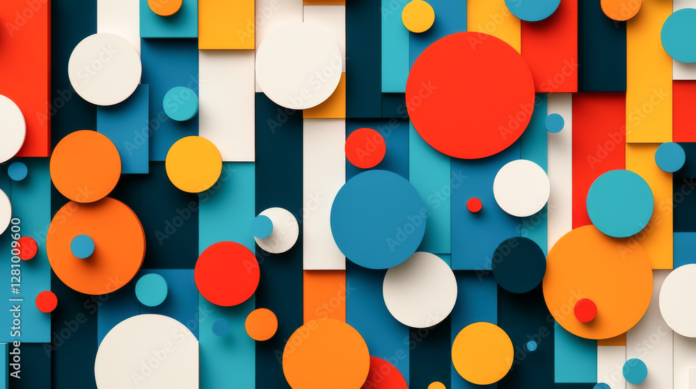 Poster a vibrant abstract pattern featuring colorful circles and rectangles layered creatively.