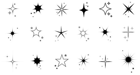 Futuristic black stars sparkle icon collection. Set of stars shapes. Abstract cool stars vector design. Templates for design, posters, projects, banners, logo, and business cards. EPS 10.