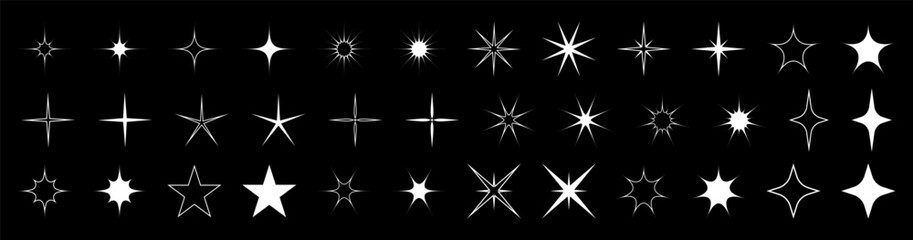 Futuristic stars icon collection. Set of white stars shapes. Abstract cool stars vector design. Templates for design, posters, projects, banners, logo, and business cards. EPS 10.