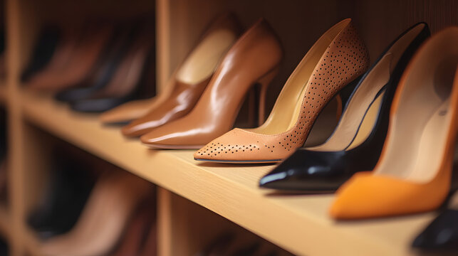 un estante de un armario con zapatos de dama de mujer femeninos y elegantes organizacion y moda