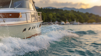 A close-up view captures a luxurious boat cutting through the dynamic waves, symbolizing resilience and agility in crisis management as the sun sets behind a forested landscape