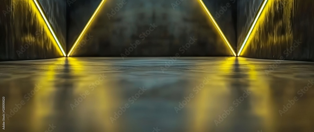 Aufkleber in a futuristic sci-fi context, a long, empty corridor is set against a modern concrete background, 