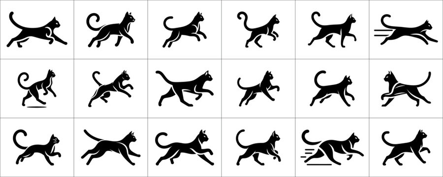 Set of silhouette running cat logo design vector template. black cat icon set
