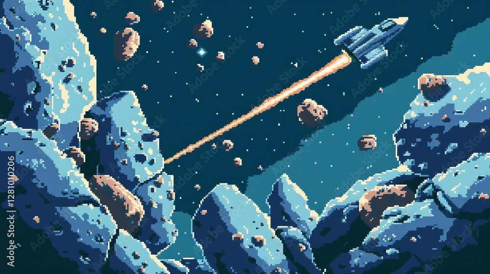 Aufkleber pixel art style illustration of a spaceship in space with asteroids.