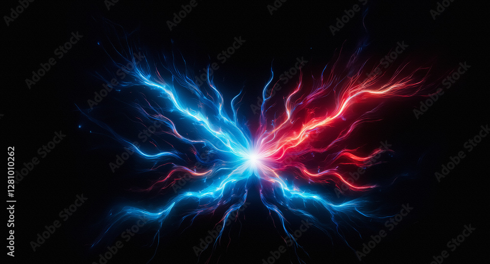 Poster dynamic convergence of blue and red lightning bolts on a black backdrop. energetic clash of vibrant 