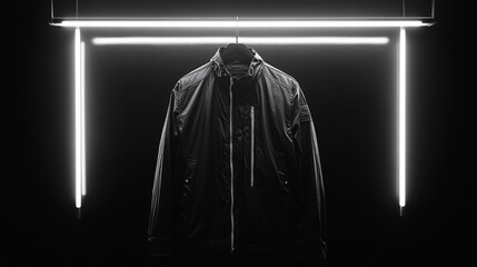 Stylish Black Jacket Hanging Under Neon Lights