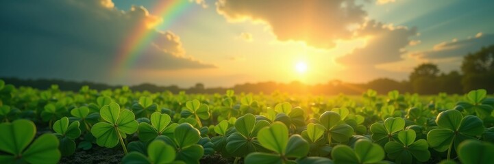 Green clover field beneath a colorful rainbow and sunlit sky. Landscape, nature, seasonal, St. Patrick's day background