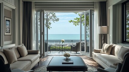 Elegant coastal living room with ocean view and open french doors