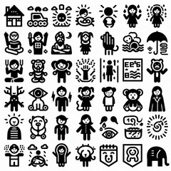  series of simple black-and-white clipart figures arranged in two rows, each with four distinct categories.
