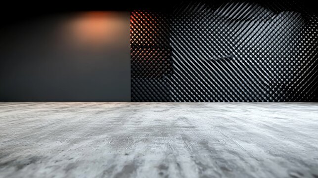 A modern, dark, and empty architectural interior is depicted with a car backplate in a 3D illustration and 3D rendering