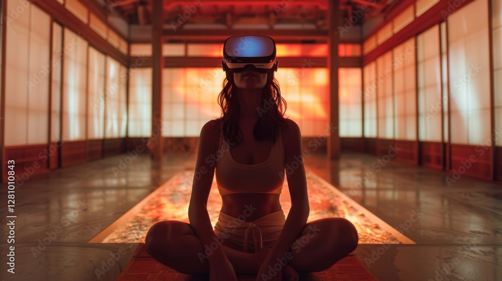 Poster A person sits cross legged with a virtual reality headset on, engaged in a mindfulness practice within a tranquil indoor environment. Soft, warm lighting enhances the calming atmosphere.