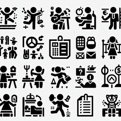 series of simple black-and-white clipart figures arranged in two rows, each with four distinct categories.
