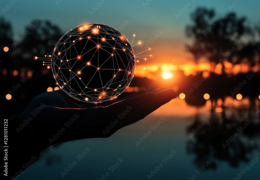 Poster hands of man hold a representation of global network and data customer connection over a natural bac