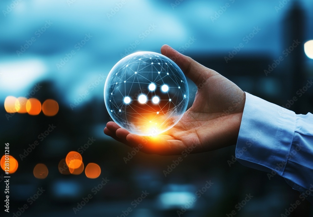 Poster a man's hands are holding a global network and data customer connection set against a natural backgr
