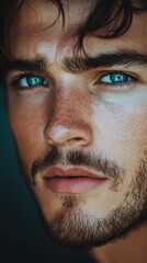 Obraz premium close portrait of a man in his late twenties, he has got beautiful blue eyes, brown wavy hair and a short beard or stubble