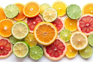 Fototapeta premium top view of orange grapefour and lemon citrus fruits with herbs on peach background 