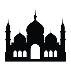 A black vector artwork illustration of a mosque silhouette featuring a peaceful prayer scene, with domes, minarets, and intricate Islamic architectural elements.