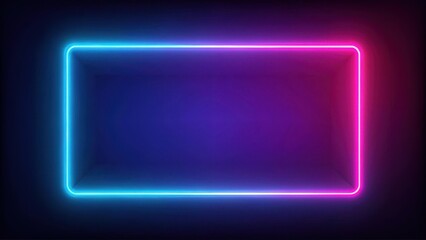 Colorful neon rectangle frame with a soft pink hue and blue gradient light emits a gentle glow on a dark background , blue, frame