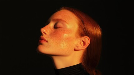 Fototapeta premium A luminous golden-hour side-profile of a woman with radiant freckles, 