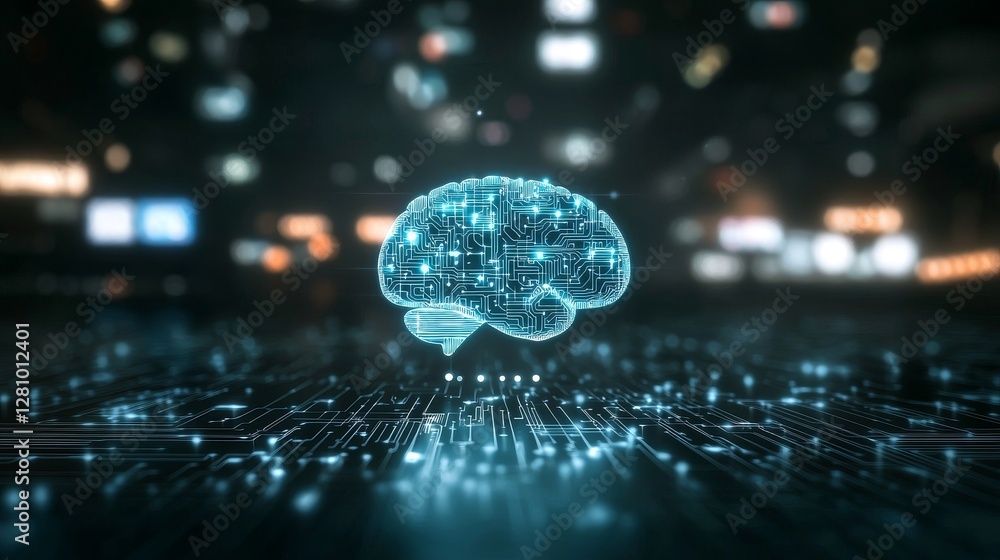 Poster in a 3d rendering, a stock hardware concept is depicted, featuring a glowing blue brain circuit inte