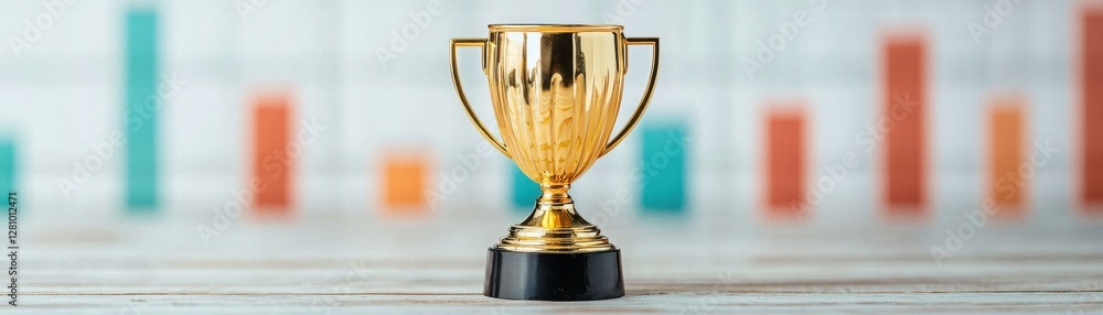 Aufkleber golden trophy on a wooden table with colorful bar graphs in the background representing achievement 