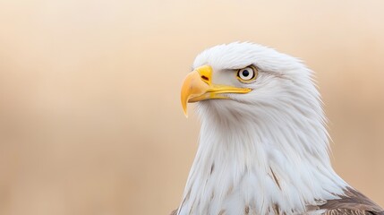 Obraz premium Close-up portrait of a majestic bald eagle looking sideways against a soft blurred background during daytime.