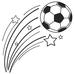Soccer Ball Flying with Stars Black and White Vector Illustration | Sports Graphic, Clip Art, Coloring Page