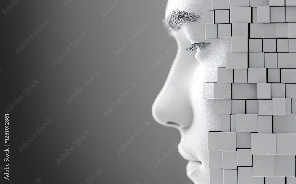 Poster a digital representation of a human face in abstract form, symbolizing big data or cyber security th