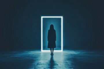 Obraz premium A silhouette of an astronaut is positioned on an extraterrestrial planet in front of a glowing neon rectangle, created using 3D rendering