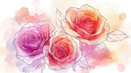 Elegant Hand-Drawn Roses with Soft Watercolor Background Design