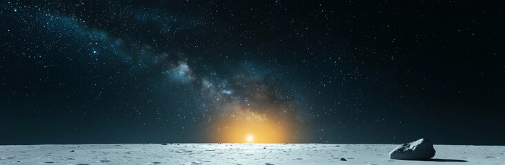 The lunar landscape and Moon surface are visible with the Milky Way appearing over the horizon