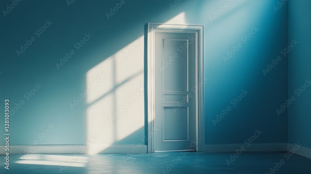 Poster soft sunlight streams through an open door, casting gentle shadows on a tranquil blue wall. the invi