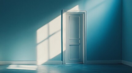 Soft sunlight streams through an open door, casting gentle shadows on a tranquil blue wall. The inviting atmosphere suggests a realm of possibilities beyond the door's threshold