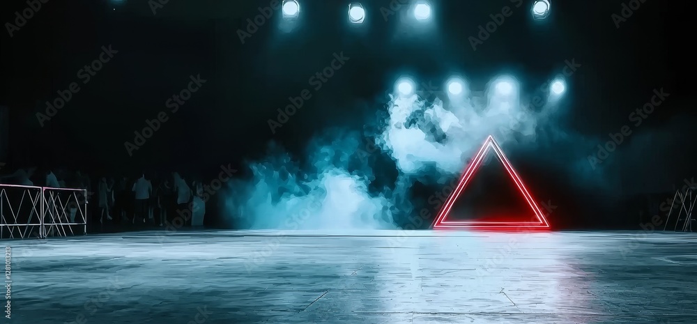 Poster a futuristic 3d rendering of a dark and empty stage with a grunge concrete podium, illuminated by a 